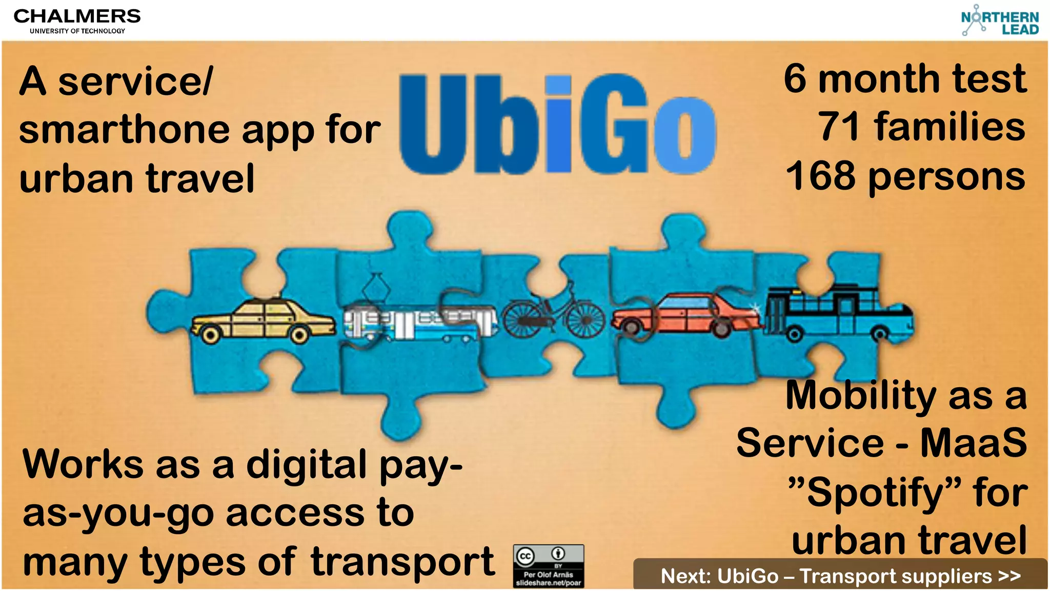 GO:Smart 2 
UbiGo 
A service/ 
smarthone app for 
urban travel 
Works as a digital pay-as- 
you-go access to 
many types of transport 
6 month test 
71 families 
168 persons 
Mobility as a 
Service - MaaS 
”Spotify” for 
urban travel 
Next: UbiGo – Transport suppliers >> 
 