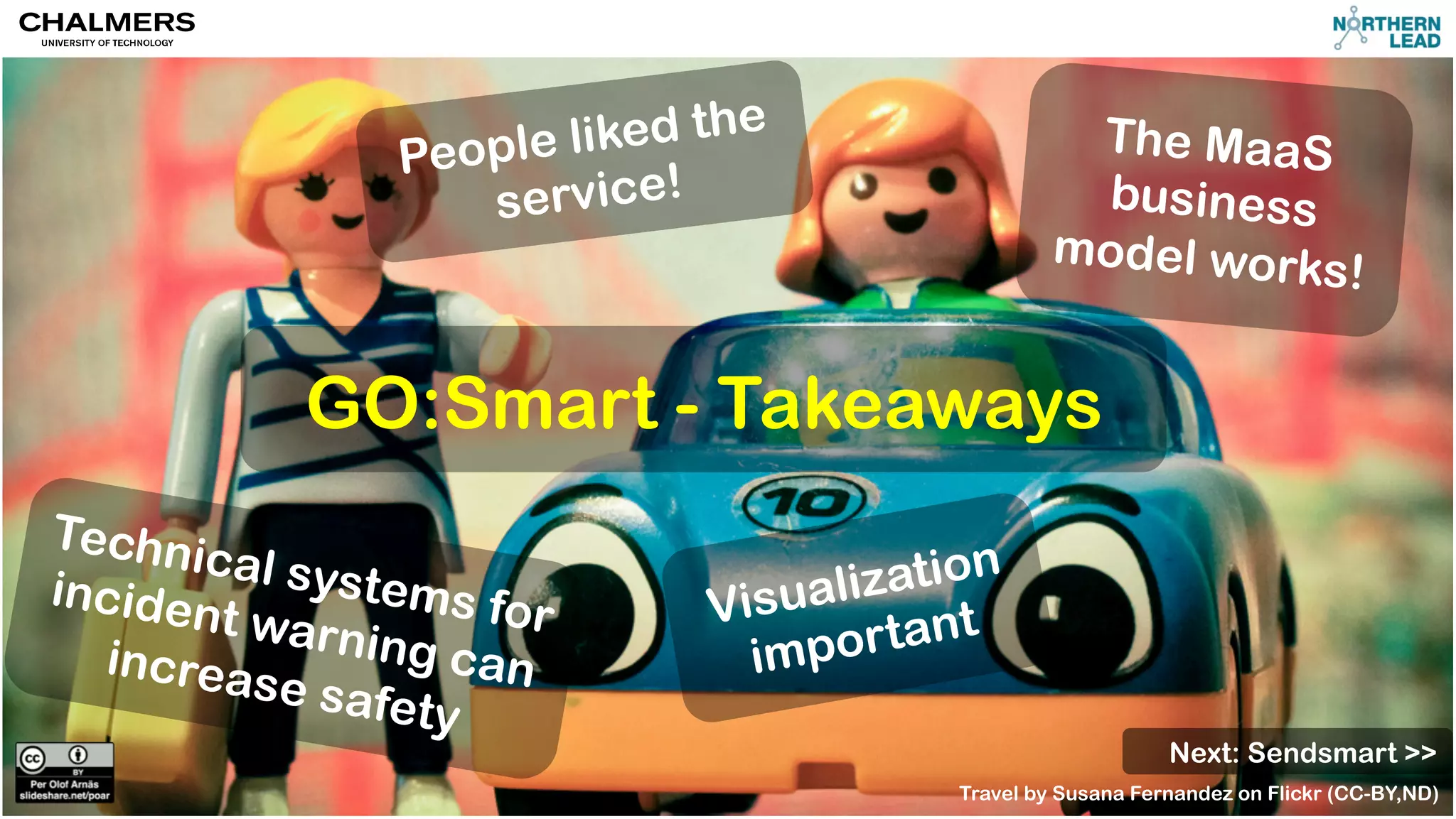 The MaaS 
business 
model works! 
People liked the 
service! 
GO:Smart - Takeaways 
Technical systems for 
incident warning can 
increase safety 
Visualization 
important 
Next: Sendsmart >> 
Travel by Susana Fernandez on Flickr (CC-BY,ND) 
 