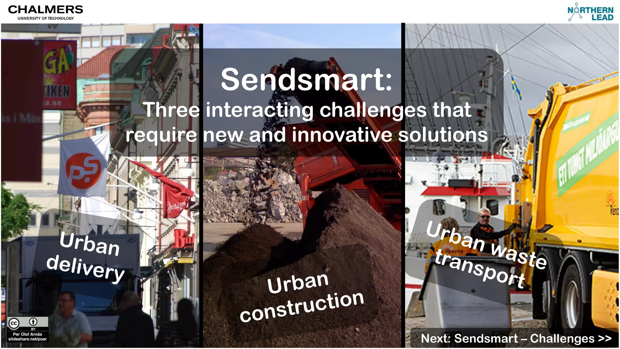 Sendsmart: 
Three interacting challenges that 
require new and innovative solutions 
Urban 
delivery Urban 
construction 
Urban waste 
transport 
Next: Sendsmart – Challenges >> 
 