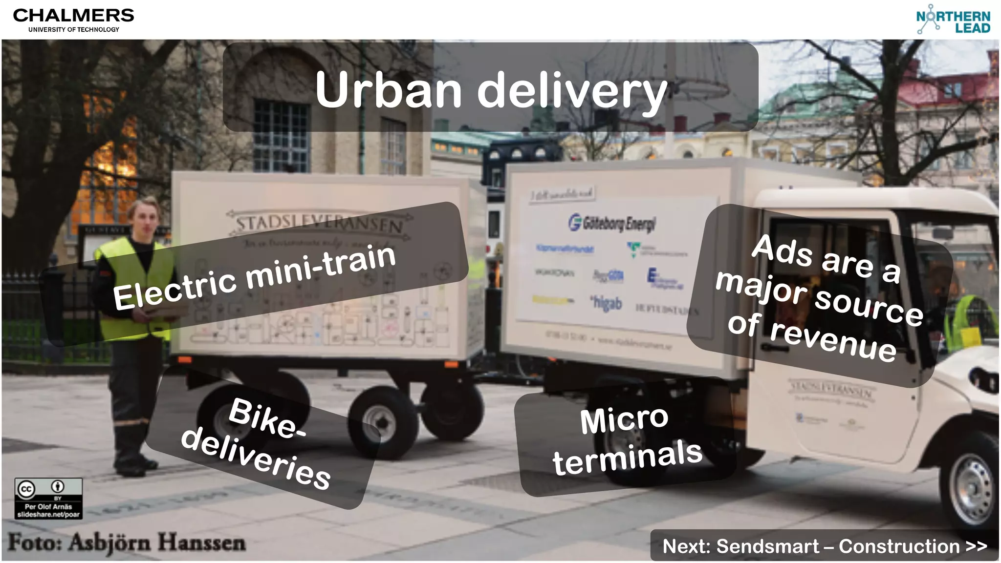 Urban delivery 
Micro 
terminals 
Electric mini-train 
Ads are a 
major source 
of revenue 
Bike-deliveries 
Next: Sendsmart – Construction >> 
 