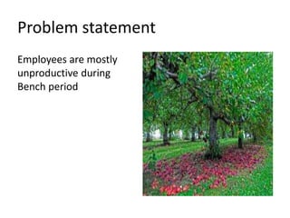 Problem statement
Employees are mostly
unproductive during
Bench period
 
