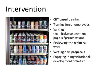 Intervention
• CBT based training
• Training junior employees
• Writing
technical/management
papers /presentations
• Reviewing the technical
work
• Writing new proposals
• Engaging in organizational
development activities
 