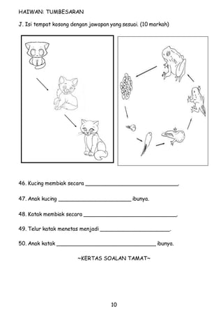10 
HAIWAN: TUMBESARAN 
J. Isi tempat kosong dengan jawapan yang sesuai. (10 markah) 
46. Kucing membiak secara ____________________________. 
47. Anak kucing ______________________ ibunya. 
48. Katak membiak secara ____________________________. 
49. Telur katak menetas menjadi _____________________. 
50. Anak katak ______________________________ ibunya. 
~KERTAS SOALAN TAMAT~ 

