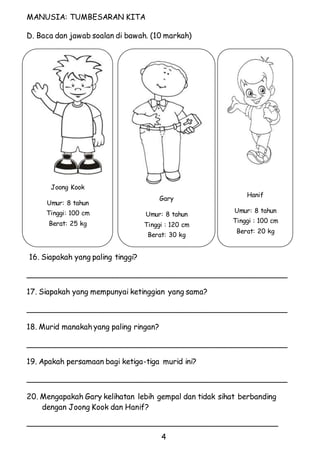 Gary 
Umur: 8 tahun 
Tinggi : 120 cm 
Berat: 30 kg 
4 
MANUSIA: TUMBESARAN KITA 
D. Baca dan jawab soalan di bawah. (10 markah) 
Joong Kook 
Umur: 8 tahun 
Tinggi: 100 cm 
Berat: 25 kg 
16. Siapakah yang paling tinggi? 
Hanif 
Umur: 8 tahun 
Tinggi : 100 cm 
Berat: 20 kg 
_______________________________________________________ 
17. Siapakah yang mempunyai ketinggian yang sama? 
_______________________________________________________ 
18. Murid manakah yang paling ringan? 
_______________________________________________________ 
19. Apakah persamaan bagi ketiga-tiga murid ini? 
_______________________________________________________ 
20. Mengapakah Gary kelihatan lebih gempal dan tidak sihat berbanding 
dengan Joong Kook dan Hanif? 
_____________________________________________________ 
 