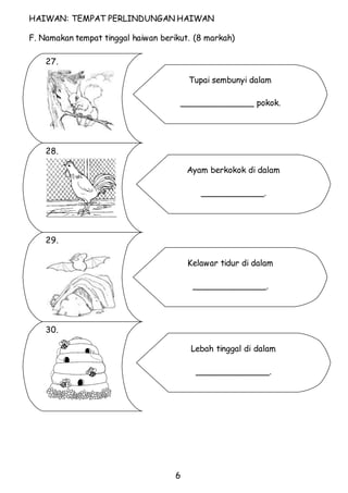 HAIWAN: TEMPAT PERLINDUNGAN HAIWAN 
F. Namakan tempat tinggal haiwan berikut. (8 markah) 
6 
27. 
28. 
29. 
30. 
Tupai sembunyi dalam 
______________ pokok. 
Ayam berkokok di dalam 
____________. 
Kelawar tidur di dalam 
______________. 
Lebah tinggal di dalam 
______________. 
 