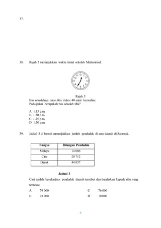 8 
37. 
38. Rajah 5 menunjukkan waktu tamat sekolah Mohammad. 
Rajah 5 
Bas sekolahnya akan tiba dalam 40 minit kemudian. 
Pada pukul berapakah bas sekolah tiba? 
A 1.15 p.m. 
B 1.20 p.m. 
C 1.25 p.m. 
D 1.30 p.m. 
39. Jadual 3 di bawah menunjukkan jumlah penduduk di satu daerah di Sarawak. 
Bangsa Bilangan Penduduk 
Melayu 14 006 
Cina 20 712 
Dayak 44 037 
Jadual 3 
Cari jumlah keseluruhan penduduk daerah tersebut dan bundarkan kepada ribu yang 
terdekat. 
A 79 000 C 76 000 
B 78 000 D 70 000 
 