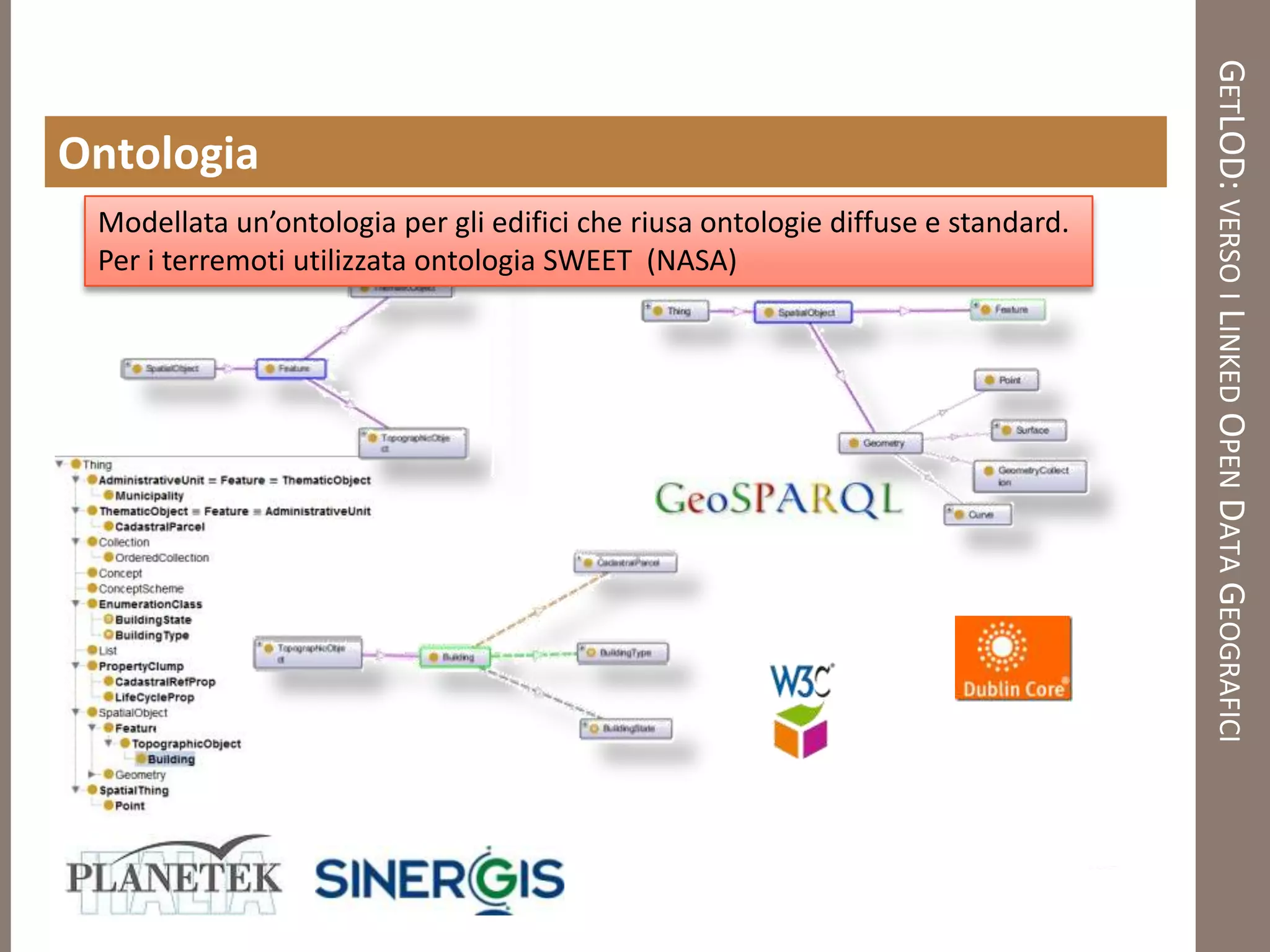 GETLOD: VERSO I LINKED OPEN DATA GEOGRAFICI
Ontologia
 Modellata un’ontologia per gli edifici che riusa ontologie diffuse e standard.
 Per i terremoti utilizzata ontologia SWEET (NASA)
 