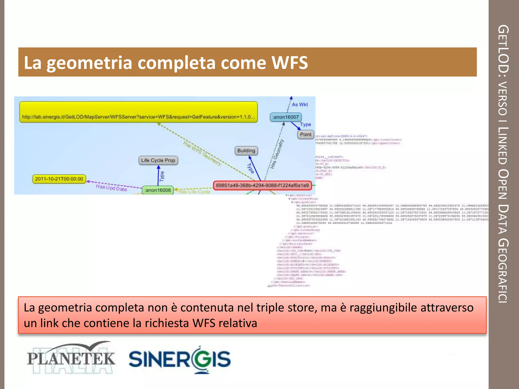 GETLOD: VERSO I LINKED OPEN DATA GEOGRAFICI
La geometria completa come WFS




La geometria completa non è contenuta nel triple store, ma è raggiungibile attraverso
un link che contiene la richiesta WFS relativa
 