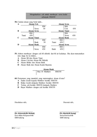 Mengeluarkan cek untuk membayar sewa kedai 
sebanyak RM450 
58. Catatan akaun yang betul ialah... 
A Akaun Cek Akaun Sewa 
13 | P a g e 
RM RM 
Sewa 50 Cek 450 
B Akaun Sewa Akaun Tunai 
RM RM 
Tunai 450 Sewa 450 
C Akaun Tunai Akaun Bank 
RM RM 
Bank 50 Tunai 450 
D Akaun Bank Akaun Sewa 
RM RM 
Sewa 450 Bank 450 
59. Ashton membayar dengan cek bil elektrik dan bil air kedainya. Dia akan mencatatkan 
urus niaga itu ke dalam... 
A Akaun Bil dan Akaun Tunai 
B Akaun Cek dan Akaun Bil Elektrik 
C Akaun Belian dan Akaun Bank 
D Akaun Bank dan Akaun Kadar Bayaran. 
Akaun Bank 
Mac 18 Matthew RM350 
60. Pernyataan yang manakah yang menerangkan akaun di atas? 
A Jualan kredit kepada Matthew bernilai RM350 
B Belian kredit daripada Matthew bernilai RM350 
C Terima cek bernilai RM350 daripada Matthew 
D Bayar Matthew dengan cek bernilai RM350 
Disediakan oleh, Disemak oleh, 
_____________________ ______________________ 
(En. Azlyrendy Bin Wahab) (Pn. Abeida Bt Kuang) 
Guru Mata Pelajaran KHB Ketua Panitia KHB 
SMK Kabong SMK Kabong 
