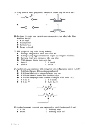 21. Yang manakah antara yang berikut merupakan symbol bagi suis tekan buka? 
A 
C 
B 
D 
22. Peralatan elektronik yang manakah yang menggunakan suis tekan buka dalam 
kendalian litarnya? 
A Kipas angin 
B Loceng rumah 
C Perakam video 
D Lampu peti sejuk 
23. Pilih pernyataan yang benar tentang perintang. 
I Berfungsi mengehadkan aliran arus dalam litar 
II Rintangan yang tinggi membenarkan banyak arus mengalir melaluinya. 
III Perintang boleh laras mempunyai nilai yang tetap. 
IV Nilai rintangan disukat dalam unit ohm 
A I dan III C II dan III 
B I dan IV D III dan IV 
24. Apakah cara yang digunakan untuk mengenali kaki diod pemancar cahaya (L.E.D)? 
I Kaki katod biasanya lebih pendek daripada anod 
II Kaki katod dihubungkan dengan bahagian yang rata 
III Kaki katod ditandai garisan hitam berhampirannya 
IV Kaki katod mempunyai tanda bendera di bahagian dalam badan L.E.D 
A I, II dan III C I, III dan IV 
B I, II dan IV D II, III dan IV 
25. Apakah komponen elektronik yang menggunakan symbol dalam rajah di atas? 
A L.E.D C Perintang tetap 
B Buzzer D Perintang boleh laras 
5 | P a g e 
 