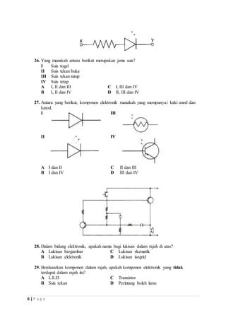 26. Yang manakah antara berikut merupakan jenis suis? 
I Suis togel 
II Suis tekan buka 
III Suis tekan tutup 
IV Suis tetap 
A I, II dan III C I, III dan IV 
B I, II dan IV D II, III dan IV 
27. Antara yang berikut, komponen elektronik manakah yang mempunyai kaki anod dan 
katod. 
I 
III 
II 
IV 
A I dan II C II dan III 
B I dan IV D III dan IV 
28. Dalam bidang elektronik, apakah nama bagi lukisan dalam rajah di atas? 
A Lukisan bergambar C Lukisan skematik 
B Lukisan elektronik D Lukisan isogrid 
29. Berdasarkan komponen dalam rajah, apakah komponen elektronik yang tidak 
terdapat dalam rajah itu? 
A L.E.D C Transistor 
B Suis tekan D Perintang boleh laras 
6 | P a g e 
 