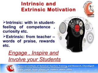 Intrinsic and
Extrinsic Motivation
Intrinsic: with in student-
feeling of competence ,
curiosity etc.
Extrinsic: from teacher –
words of praise, rewards
etc.
Engage , Inspire and
Involve your Students
 