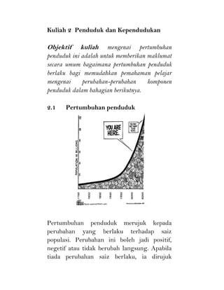 Kuliah 2 Penduduk dan Kependudukan
Objektif kuliah mengenai pertumbuhan
penduduk ini adalah untuk memberikan maklumat
secara umum bagaimana pertumbuhan penduduk
berlaku bagi memudahkan pemahaman pelajar
mengenai perubahan-perubahan komponen
penduduk dalam bahagian berikutnya.
2.1 Pertumbuhan penduduk
Pertumbuhan penduduk merujuk kepada
perubahan yang berlaku terhadap saiz
populasi. Perubahan ini boleh jadi positif,
negetif atau tidak berubah langsung. Apabila
tiada perubahan saiz berlaku, ia dirujuk
 