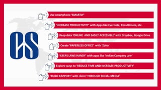 Use smartphone ‘SMARTLY’
‘INCREASE PRODUCTIVITY’ with Apps like Evernote, Penultimate, etc.
Keep data ‘ONLINE AND EASILY ACCESSIBLE’ with Dropbox, Google Drive
Create ‘PAPERLESS OFFICE’ with ‘Zoho’
‘KEEPS LAWS HANDY’ with apps like ‘Indian Company Law’
Explore ways to ‘REDUCE TIME AND INCREASE PRODUCTIVITY’
‘BUILD RAPPORT’ with client ‘THROUGH SOCIAL MEDIA’
 