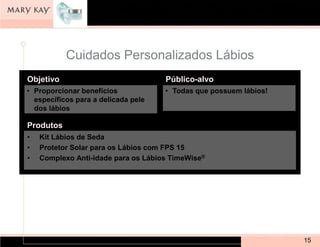 Cuidados Personalizados Lábios
Objetivo                             Público-alvo
• Proporcionar benefícios            • Todas que possuem lábios!
  específicos para a delicada pele
  dos lábios

Produtos
•   Kit Lábios de Seda
•   Protetor Solar para os Lábios com FPS 15
•   Complexo Anti-idade para os Lábios TimeWise®




                                                                   15
 