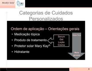 Categorias de Cuidados
         Personalizados
Ordem de aplicação – Orientações gerais
• Medicação tópica                   Mais fina
                             Serum
• Produto de tratamento       Gel
                             Loção
• Protetor solar Mary Kay®   Creme


• Hidratante                          Mais
                                     grossa




                                                 8
 