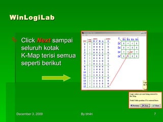 WinLogiLab Click  Next   sampai seluruh kotak  K-Map terisi semua seperti berikut 