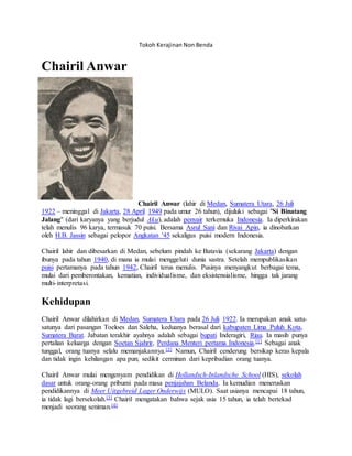 Tokoh Kerajinan Non Benda
Chairil Anwar
Chairil Anwar (lahir di Medan, Sumatera Utara, 26 Juli
1922 – meninggal di Jakarta, 28 April 1949 pada umur 26 tahun), dijuluki sebagai "Si Binatang
Jalang" (dari karyanya yang berjudul Aku), adalah penyair terkemuka Indonesia. Ia diperkirakan
telah menulis 96 karya, termasuk 70 puisi. Bersama Asrul Sani dan Rivai Apin, ia dinobatkan
oleh H.B. Jassin sebagai pelopor Angkatan '45 sekaligus puisi modern Indonesia.
Chairil lahir dan dibesarkan di Medan, sebelum pindah ke Batavia (sekarang Jakarta) dengan
ibunya pada tahun 1940, di mana ia mulai menggeluti dunia sastra. Setelah mempublikasikan
puisi pertamanya pada tahun 1942, Chairil terus menulis. Pusinya menyangkut berbagai tema,
mulai dari pemberontakan, kematian, individualisme, dan eksistensialisme, hingga tak jarang
multi-interpretasi.
Kehidupan
Chairil Anwar dilahirkan di Medan, Sumatera Utara pada 26 Juli 1922. Ia merupakan anak satu-
satunya dari pasangan Toeloes dan Saleha, keduanya berasal dari kabupaten Lima Puluh Kota,
Sumatera Barat. Jabatan terakhir ayahnya adalah sebagai bupati Inderagiri, Riau. Ia masih punya
pertalian keluarga dengan Soetan Sjahrir, Perdana Menteri pertama Indonesia.[1] Sebagai anak
tunggal, orang tuanya selalu memanjakannya.[2] Namun, Chairil cenderung bersikap keras kepala
dan tidak ingin kehilangan apa pun; sedikit cerminan dari kepribadian orang tuanya.
Chairil Anwar mulai mengenyam pendidikan di Hollandsch-Inlandsche School (HIS), sekolah
dasar untuk orang-orang pribumi pada masa penjajahan Belanda. Ia kemudian meneruskan
pendidikannya di Meer Uitgebreid Lager Onderwijs (MULO). Saat usianya mencapai 18 tahun,
ia tidak lagi bersekolah.[3] Chairil mengatakan bahwa sejak usia 15 tahun, ia telah bertekad
menjadi seorang seniman.[4]
 