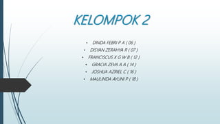 KELOMPOK 2
• DINDA FEBRI P A ( 06 )
• DISYAN ZERAHYA R ( 07 )
• FRANCISCUS X G W B ( 12 )
• GRACIA ZEVA A A ( 14 )
• JOSHUA AZRIEL C ( 16 )
• MAULINDA AYUNI P ( 18 )
 