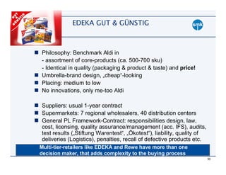 EDEKA GUT & GÜNSTIG



Philosophy: Benchmark Aldi in
- assortment of core-products (ca. 500-700 sku)
- Identical in quality (packaging & product & taste) and price!
Umbrella-brand design, „cheap“-looking
Placing: medium to low
No innovations, only me-too Aldi

Suppliers: usual 1-year contract
Supermarkets: 7 regional wholesalers, 40 distribution centers
General PL Framework-Contract: responsibilities design, law,
cost, licensing, quality assurance/management (acc. IFS), audits,
test results („Stiftung Warentest“, „Ökotest“), liability, quality of
deliveries (Logistics), penalties, recall of defective products etc.
Multi-tier-retailers like EDEKA and Rewe have more than one
decision maker, that adds complexity to the buying process
                                                                        30
 