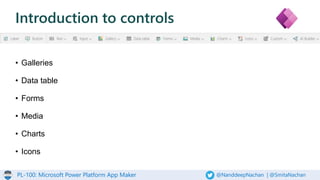 PL-100: Microsoft Power Platform App Maker @NanddeepNachan | @SmitaNachan
Introduction to controls
• Galleries
• Data table
• Forms
• Media
• Charts
• Icons
 