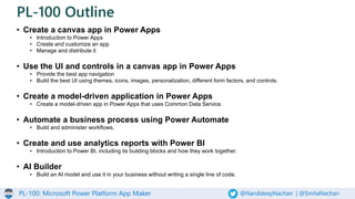 PL-100: Microsoft Power Platform App Maker @NanddeepNachan | @SmitaNachan
• Create a canvas app in Power Apps
• Introduction to Power Apps
• Create and customize an app
• Manage and distribute it
• Use the UI and controls in a canvas app in Power Apps
• Provide the best app navigation
• Build the best UI using themes, icons, images, personalization, different form factors, and controls.
• Create a model-driven application in Power Apps
• Create a model-driven app in Power Apps that uses Common Data Service.
• Automate a business process using Power Automate
• Build and administer workflows.
• Create and use analytics reports with Power BI
• Introduction to Power BI, including its building blocks and how they work together.
• AI Builder
• Build an AI model and use it in your business without writing a single line of code.
PL-100 Outline
 