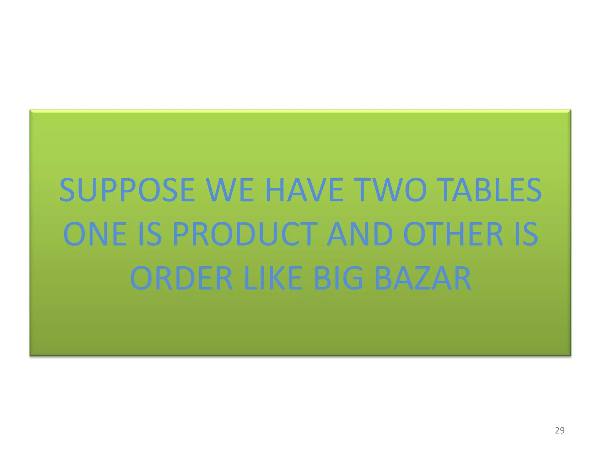 SUPPOSE WE HAVE TWO TABLES
ONE IS PRODUCT AND OTHER IS
ORDER LIKE BIG BAZAR
29
 