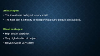 Advantages:
• The investment on layout is very small.
• The high cost & difficulty in transporting a bulky product are avoided.
Disadvantages:
• High cost of operation.
• Very high duration of project.
• Rework will be very costly.
 