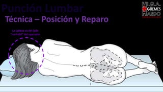 Punción Lumbar EMERGENTOLOGÍA
Técnica – Posición y Reparo
La cabeza va del lado
“no-hábil” del operador
 
