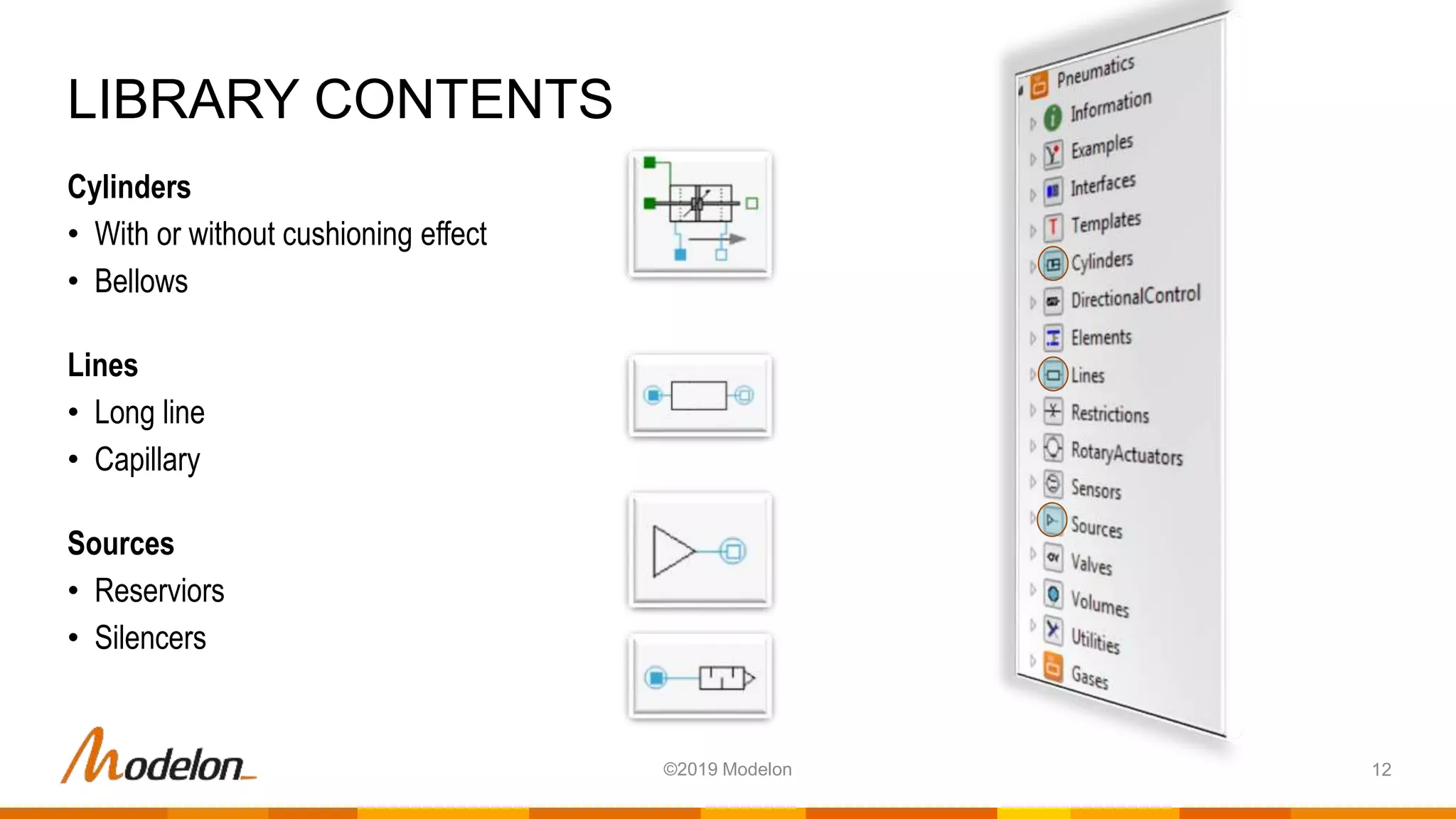 Cylinders
• With or without cushioning effect
• Bellows
Lines
• Long line
• Capillary
Sources
• Reserviors
• Silencers
LIBRARY CONTENTS
12©2019 Modelon
 