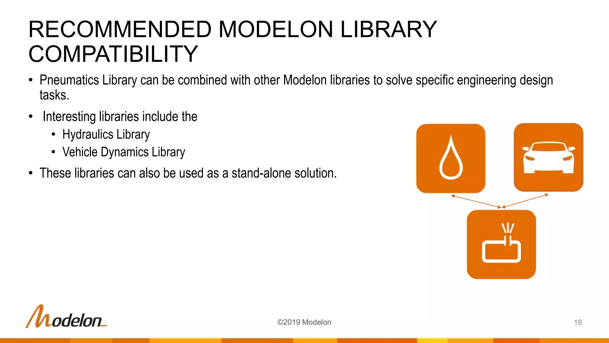 • Pneumatics Library can be combined with other Modelon libraries to solve specific engineering design
tasks.
• Interesting libraries include the
• Hydraulics Library
• Vehicle Dynamics Library
• These libraries can also be used as a stand-alone solution.
RECOMMENDED MODELON LIBRARY
COMPATIBILITY
18©2019 Modelon
 