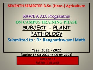 Batch No : 1
Roll No : 01 to 09
SEVENTH SEMESTER B.Sc. (Hons.) Agriculture
RAWE & AIA Programme
ON CAMPUS TRAINING PHASE
SUBJECT : PLANT
PATHOLOGY
Submitted to : Dr. Rangnathswami Math
Year: 2021 - 2022
(During 17-08-2021 to 09-09-2021)
 