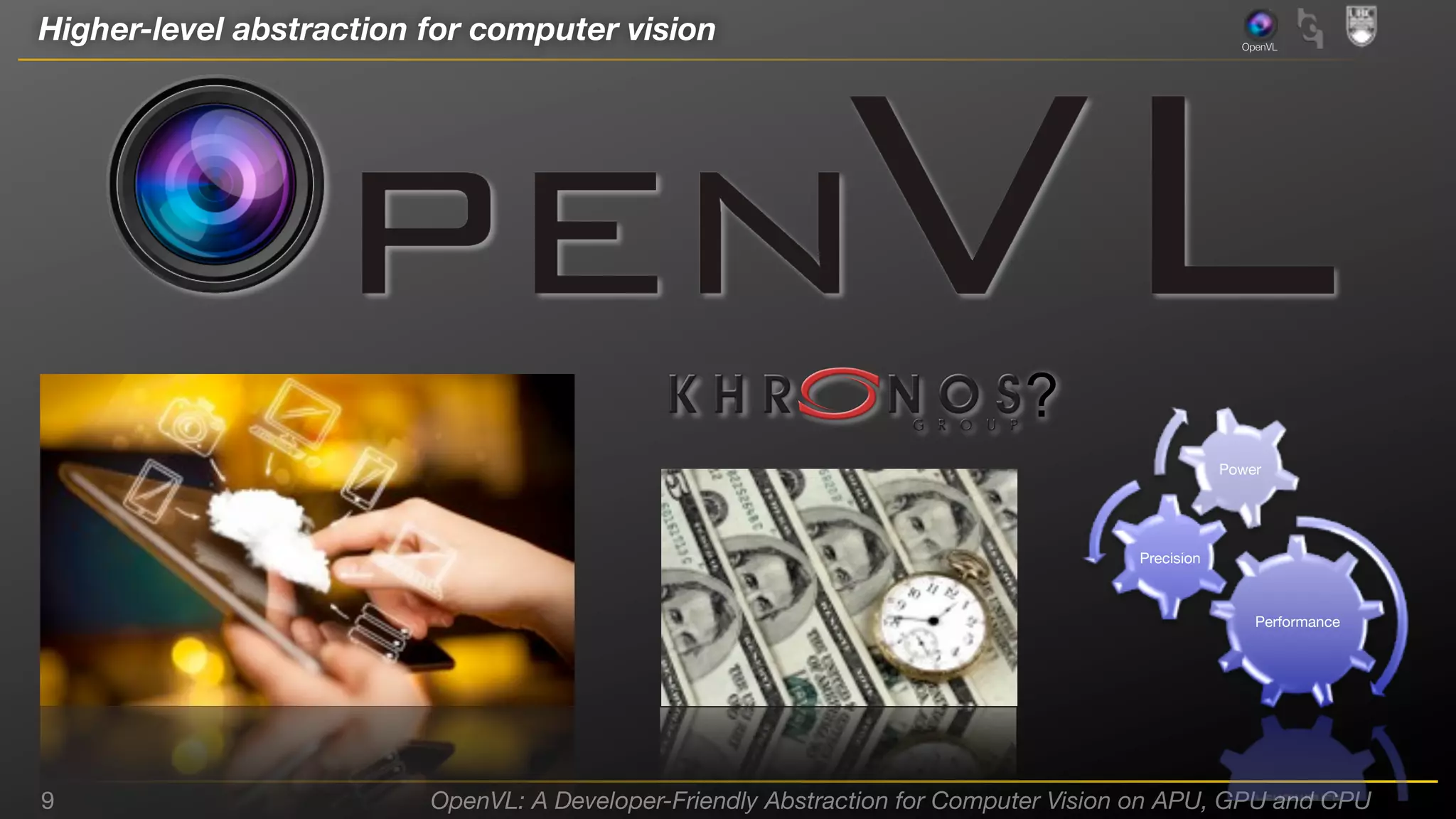 Higher-level abstraction for computer vision

OpenVL

?

Power
Power
Power
Precision
Precision
Precision
Performance
Performance
Performance

9

OpenVL: A Developer-Friendly Abstraction for Computer Vision on APU, GPU and CPU

 