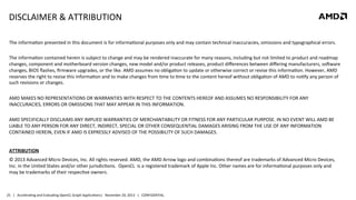 DISCLAIMER	
  &	
  ATTRIBUTION	
  
The	
  informa8on	
  presented	
  in	
  this	
  document	
  is	
  for	
  informa8onal	
  purposes	
  only	
  and	
  may	
  contain	
  technical	
  inaccuracies,	
  omissions	
  and	
  typographical	
  errors.	
  
	
  
The	
  informa8on	
  contained	
  herein	
  is	
  subject	
  to	
  change	
  and	
  may	
  be	
  rendered	
  inaccurate	
  for	
  many	
  reasons,	
  including	
  but	
  not	
  limited	
  to	
  product	
  and	
  roadmap	
  
changes,	
  component	
  and	
  motherboard	
  version	
  changes,	
  new	
  model	
  and/or	
  product	
  releases,	
  product	
  diﬀerences	
  between	
  diﬀering	
  manufacturers,	
  so{ware	
  
changes,	
  BIOS	
  ﬂashes,	
  ﬁrmware	
  upgrades,	
  or	
  the	
  like.	
  AMD	
  assumes	
  no	
  obliga8on	
  to	
  update	
  or	
  otherwise	
  correct	
  or	
  revise	
  this	
  informa8on.	
  However,	
  AMD	
  
reserves	
  the	
  right	
  to	
  revise	
  this	
  informa8on	
  and	
  to	
  make	
  changes	
  from	
  8me	
  to	
  8me	
  to	
  the	
  content	
  hereof	
  without	
  obliga8on	
  of	
  AMD	
  to	
  no8fy	
  any	
  person	
  of	
  
such	
  revisions	
  or	
  changes.	
  
	
  
AMD	
  MAKES	
  NO	
  REPRESENTATIONS	
  OR	
  WARRANTIES	
  WITH	
  RESPECT	
  TO	
  THE	
  CONTENTS	
  HEREOF	
  AND	
  ASSUMES	
  NO	
  RESPONSIBILITY	
  FOR	
  ANY	
  
INACCURACIES,	
  ERRORS	
  OR	
  OMISSIONS	
  THAT	
  MAY	
  APPEAR	
  IN	
  THIS	
  INFORMATION.	
  
	
  
AMD	
  SPECIFICALLY	
  DISCLAIMS	
  ANY	
  IMPLIED	
  WARRANTIES	
  OF	
  MERCHANTABILITY	
  OR	
  FITNESS	
  FOR	
  ANY	
  PARTICULAR	
  PURPOSE.	
  IN	
  NO	
  EVENT	
  WILL	
  AMD	
  BE	
  
LIABLE	
  TO	
  ANY	
  PERSON	
  FOR	
  ANY	
  DIRECT,	
  INDIRECT,	
  SPECIAL	
  OR	
  OTHER	
  CONSEQUENTIAL	
  DAMAGES	
  ARISING	
  FROM	
  THE	
  USE	
  OF	
  ANY	
  INFORMATION	
  
CONTAINED	
  HEREIN,	
  EVEN	
  IF	
  AMD	
  IS	
  EXPRESSLY	
  ADVISED	
  OF	
  THE	
  POSSIBILITY	
  OF	
  SUCH	
  DAMAGES.	
  
	
  
ATTRIBUTION	
  
©	
  2013	
  Advanced	
  Micro	
  Devices,	
  Inc.	
  All	
  rights	
  reserved.	
  AMD,	
  the	
  AMD	
  Arrow	
  logo	
  and	
  combina8ons	
  thereof	
  are	
  trademarks	
  of	
  Advanced	
  Micro	
  Devices,	
  
Inc.	
  in	
  the	
  United	
  States	
  and/or	
  other	
  jurisdic8ons.	
  	
  OpenCL	
  	
  is	
  a	
  registered	
  trademark	
  of	
  Apple	
  Inc.	
  Other	
  names	
  are	
  for	
  informa8onal	
  purposes	
  only	
  and	
  
may	
  be	
  trademarks	
  of	
  their	
  respec8ve	
  owners.	
  

25	
   |	
  	
  	
  Accelera8ng	
  and	
  Evalua8ng	
  OpenCL	
  Graph	
  Applica8ons|	
  	
  	
  November	
  20,	
  2013	
  	
  	
  |	
  	
  	
  CONFIDENTIAL	
  

 
