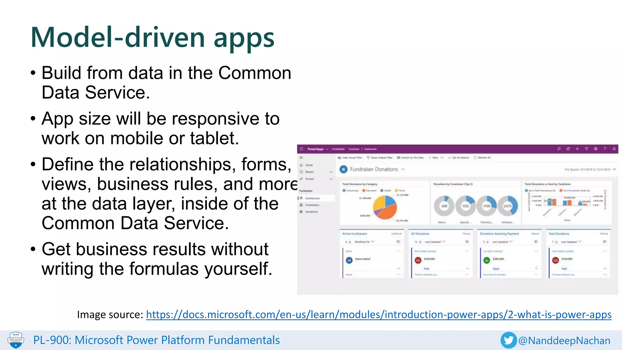 PL-900: Microsoft Power Platform Fundamentals @NanddeepNachan
• Build from data in the Common
Data Service.
• App size will be responsive to
work on mobile or tablet.
• Define the relationships, forms,
views, business rules, and more
at the data layer, inside of the
Common Data Service.
• Get business results without
writing the formulas yourself.
Model-driven apps
Image source: https://docs.microsoft.com/en-us/learn/modules/introduction-power-apps/2-what-is-power-apps
 