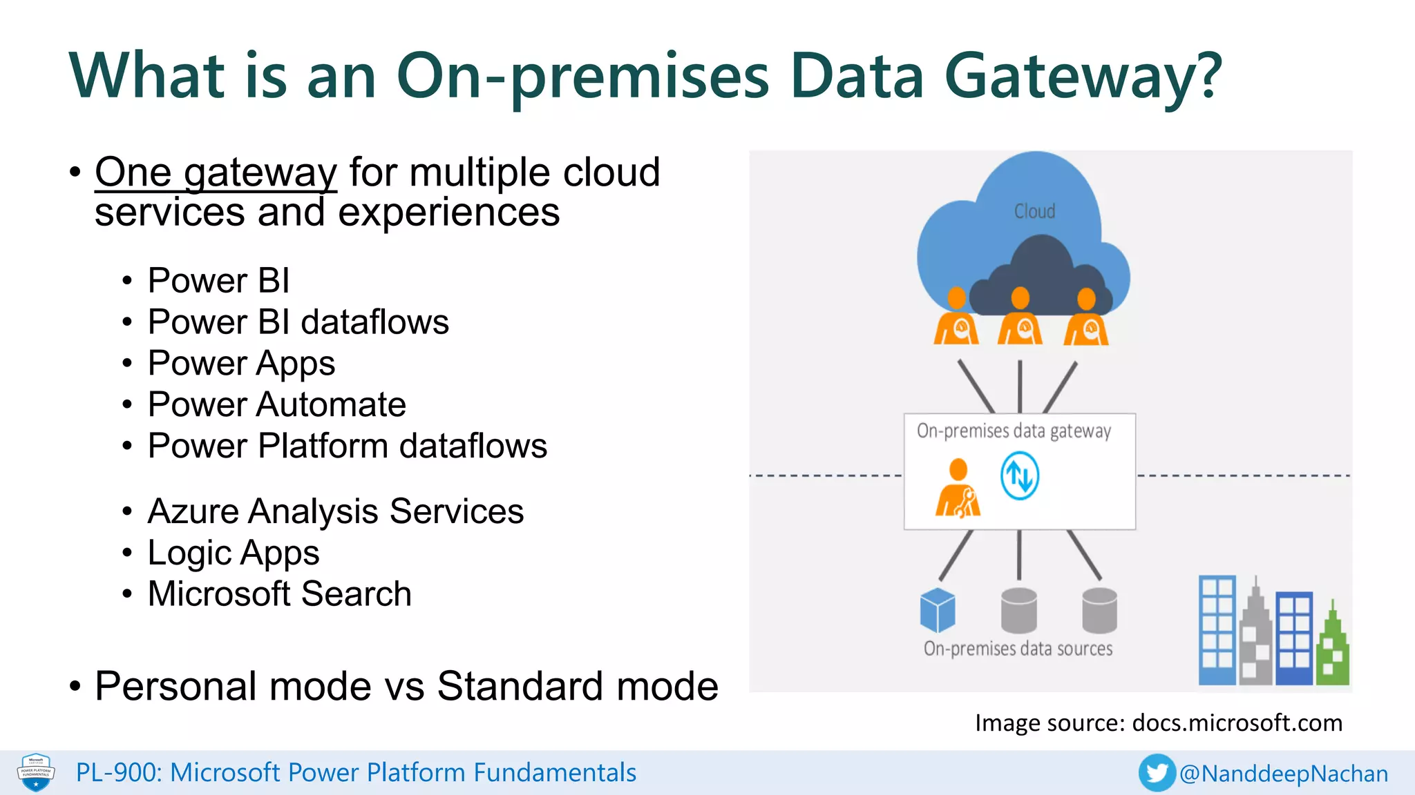 PL-900: Microsoft Power Platform Fundamentals @NanddeepNachan
What is an On-premises Data Gateway?
• One gateway for multiple cloud
services and experiences
• Power BI
• Power BI dataflows
• Power Apps
• Power Automate
• Power Platform dataflows
• Azure Analysis Services
• Logic Apps
• Microsoft Search
• Personal mode vs Standard mode
Image source: docs.microsoft.com
 