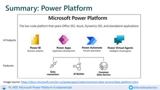 PL-900: Microsoft Power Platform Fundamentals @NanddeepNachan
Summary: Power Platform
Image source: https://docs.microsoft.com/en-us/powerapps/maker/common-data-service/data-platform-intro
4 Products
Features
 
