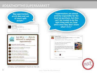 #DEATHOFTHESUPERMARKET
5 Source: Twitter May 2013; hiSbe.co.uk
Supermarkets are almost
entirely responsible for the
food we purchase, but they
cant be trusted to do the
right thing with our food
when even they dont know
whats in it.
Big supermarkets
are of date and out
of touch with
people.
ETHICAL SUPERMARKET PILOT IN THE UK
 