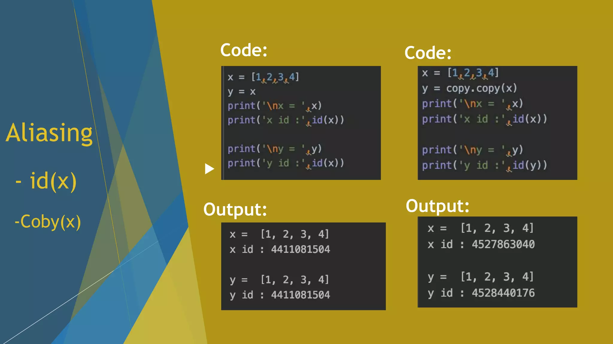 Aliasing Code: Code: Output: Output: - id(x) -Coby(x)
