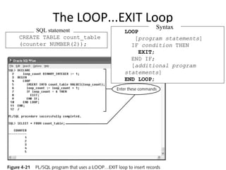 The LOOP...EXIT Loop
SQL statement
CREATE TABLE count_table
(counter NUMBER(2));

• Pretest or posttest
• Syntax:

Syntax

LOOP
[program statements]
IF condition THEN
EXIT;
END IF;
[additional program
statements]
END LOOP;

 