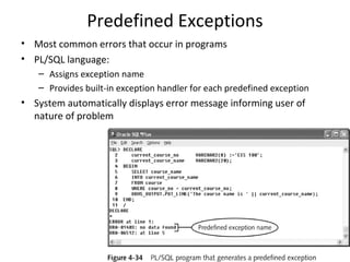 Predefined Exceptions
• Most common errors that occur in programs
• PL/SQL language:
– Assigns exception name
– Provides built-in exception handler for each predefined exception

• System automatically displays error message informing user of
nature of problem

 