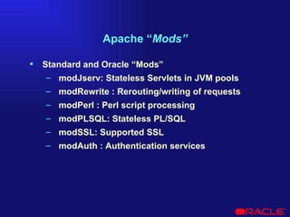 Apache “ Mods” Standard and Oracle “Mods” modJserv: Stateless Servlets in JVM pools modRewrite : Rerouting/writing of requests modPerl : Perl script processing modPLSQL: Stateless PL/SQL modSSL: Supported SSL modAuth : Authentication services 