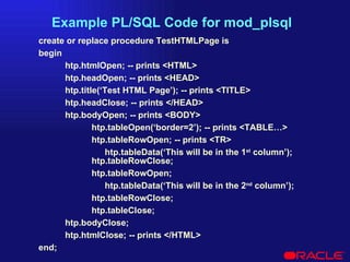 Example PL/SQL Code for mod_plsql create or replace procedure TestHTMLPage is begin htp.htmlOpen; -- prints <HTML> htp.headOpen; -- prints <HEAD> htp.title(‘Test HTML Page’); -- prints <TITLE> htp.headClose; -- prints </HEAD> htp.bodyOpen; -- prints <BODY> htp.tableOpen(‘border=2’); -- prints <TABLE…> htp.tableRowOpen; -- prints <TR> htp.tableData(‘This will be in the 1 st  column’); htp.tableRowClose; htp.tableRowOpen; htp.tableData(‘This will be in the 2 nd  column’); htp.tableRowClose; htp.tableClose; htp.bodyClose; htp.htmlClose; -- prints </HTML> end; 