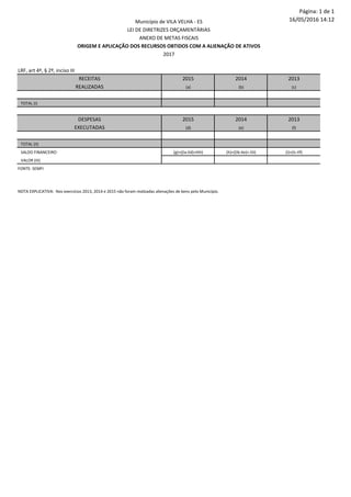 Página: 1 de 1
16/05/2016 14:12
LRF, art 4º, § 2º, inciso III
RECEITAS 2015 2014 2013
REALIZADAS (a) (b) (c)
TOTAL (I)
DESPESAS 2015 2014 2013
EXECUTADAS (d) (e) (f)
TOTAL (II)
SALDO FINANCEIRO (g)=((Ia-IId)+IIIh) (h)=((Ib-IIe)+ IIIi) (i)=(Ic-IIf)
VALOR (III)
FONTE: SEMFI
Município de VILA VELHA - ES
LEI DE DIRETRIZES ORÇAMENTÁRIAS
ANEXO DE METAS FISCAIS
ORIGEM E APLICAÇÃO DOS RECURSOS OBTIDOS COM A ALIENAÇÃO DE ATIVOS
2017
NOTA EXPLICATIVA: Nos exercícios 2013, 2014 e 2015 não foram realizadas alienações de bens pelo Município.
 
