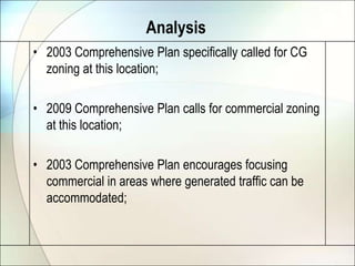 Analysis2003 Comprehensive Plan specifically called for CG zoning at this location;2009 Comprehensive Plan calls for commercial zoning at this location;2003 Comprehensive Plan encourages focusing commercial in areas where generated traffic can be accommodated;