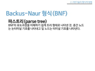 2.구문기술의 형식적 방법 
Backus-Naur 형식(BNF) 
파스트리(parse tree) 
BNF의 유도과정을 이해하기 쉽게 트리 형태로 나타낸 것. 중간 노드 
는 논터미널 기호를 나타내고 잎 노드는 터미널 기...