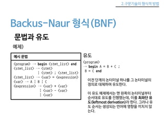 2.구문기술의 형식적 방법 
Backus-Naur 형식(BNF) 
문법과 유도 
예제) 
예시 문법 
<program> → begin <stmt_list> end 
<stmt_list> → <stmt> 
| <stmt> ; <stmt_list> 
<stmt_list> → <var> = <expression> 
<var> → A | B | C 
<expression> → <var> + <var> 
| <var> - <var> 
| <var> 
유도 
<program> 
→ begin A = B + C ; 
B = C end 
이전 단계의 논터미널 하나를 그 논터미널의 
정의로 대체하여 유도한다. 
이 유도 예제에서는 맨 왼쪽의 논터미널부터 
순서대로 유도를 진행했는데, 이를 최좌단 유 
도(leftmost derivation)라 한다. 그러나 유 
도 순서는 생성되는 언어에 영향을 끼치지 않 
는다. 
 