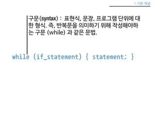 1.기본 개념 
구문(syntax) : 표현식, 문장, 프로그램 단위에 대 
한 형식. 즉, 반복문을 의미하기 위해 작성해야하 
는 구문 (while) 과 같은 문법. 
while (if_statement) { statement; } 
 