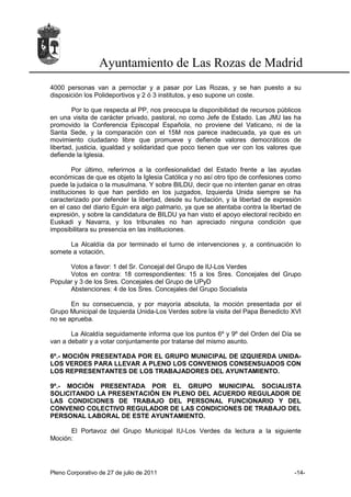 Ayuntamiento de Las Rozas de Madrid
4000 personas van a pernoctar y a pasar por Las Rozas, y se han puesto a su
disposición los Polideportivos y 2 ó 3 institutos, y eso supone un coste.

        Por lo que respecta al PP, nos preocupa la disponibilidad de recursos públicos
en una visita de carácter privado, pastoral, no como Jefe de Estado. Las JMJ las ha
promovido la Conferencia Episcopal Española, no proviene del Vaticano, ni de la
Santa Sede, y la comparación con el 15M nos parece inadecuada, ya que es un
movimiento ciudadano libre que promueve y defiende valores democráticos de
libertad, justicia, igualdad y solidaridad que poco tienen que ver con los valores que
defiende la Iglesia.

        Por último, referirnos a la confesionalidad del Estado frente a las ayudas
económicas de que es objeto la Iglesia Católica y no así otro tipo de confesiones como
puede la judaica o la musulmana. Y sobre BILDU, decir que no intenten ganar en otras
instituciones lo que han perdido en los juzgados, Izquierda Unida siempre se ha
caracterizado por defender la libertad, desde su fundación, y la libertad de expresión
en el caso del diario Eguin era algo palmario, ya que se atentaba contra la libertad de
expresión, y sobre la candidatura de BILDU ya han visto el apoyo electoral recibido en
Euskadi y Navarra, y los tribunales no han apreciado ninguna condición que
imposibilitara su presencia en las instituciones.

      La Alcaldía da por terminado el turno de intervenciones y, a continuación lo
somete a votación,

      Votos a favor: 1 del Sr. Concejal del Grupo de IU-Los Verdes
      Votos en contra: 18 correspondientes: 15 a los Sres. Concejales del Grupo
Popular y 3 de los Sres. Concejales del Grupo de UPyD
      Abstenciones: 4 de los Sres. Concejales del Grupo Socialista

       En su consecuencia, y por mayoría absoluta, la moción presentada por el
Grupo Municipal de Izquierda Unida-Los Verdes sobre la visita del Papa Benedicto XVI
no se aprueba.

       La Alcaldía seguidamente informa que los puntos 6º y 9º del Orden del Día se
van a debatir y a votar conjuntamente por tratarse del mismo asunto.

6º.- MOCIÓN PRESENTADA POR EL GRUPO MUNICIPAL DE IZQUIERDA UNIDA-
LOS VERDES PARA LLEVAR A PLENO LOS CONVENIOS CONSENSUADOS CON
LOS REPRESENTANTES DE LOS TRABAJADORES DEL AYUNTAMIENTO.

9º.- MOCIÓN PRESENTADA POR EL GRUPO MUNICIPAL SOCIALISTA
SOLICITANDO LA PRESENTACIÓN EN PLENO DEL ACUERDO REGULADOR DE
LAS CONDICIONES DE TRABAJO DEL PERSONAL FUNCIONARIO Y DEL
CONVENIO COLECTIVO REGULADOR DE LAS CONDICIONES DE TRABAJO DEL
PERSONAL LABORAL DE ESTE AYUNTAMIENTO.

      El Portavoz del Grupo Municipal IU-Los Verdes da lectura a la siguiente
Moción:




Pleno Corporativo de 27 de julio de 2011                                            -14-
 