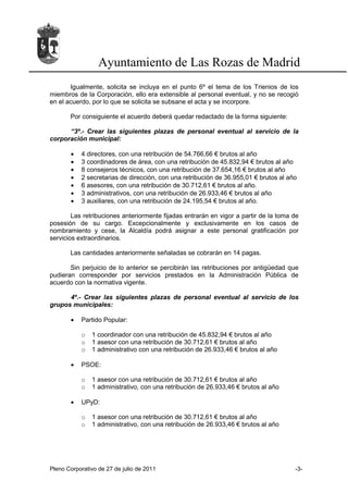 Ayuntamiento de Las Rozas de Madrid
       Igualmente, solicita se incluya en el punto 6º el tema de los Trienios de los
miembros de la Corporación, ello era extensible al personal eventual, y no se recogió
en el acuerdo, por lo que se solicita se subsane el acta y se incorpore.

       Por consiguiente el acuerdo deberá quedar redactado de la forma siguiente:

      “3º.- Crear las siguientes plazas de personal eventual al servicio de la
corporación municipal:

       •   4 directores, con una retribución de 54.766,66 € brutos al año
       •   3 coordinadores de área, con una retribución de 45.832,94 € brutos al año
       •   8 consejeros técnicos, con una retribución de 37.654,16 € brutos al año
       •   2 secretarias de dirección, con una retribución de 36.955,01 € brutos al año
       •   6 asesores, con una retribución de 30.712,61 € brutos al año.
       •   3 administrativos, con una retribución de 26.933,46 € brutos al año
       •   3 auxiliares, con una retribución de 24.195,54 € brutos al año.

        Las retribuciones anteriormente fijadas entrarán en vigor a partir de la toma de
posesión de su cargo. Excepcionalmente y exclusivamente en los casos de
nombramiento y cese, la Alcaldía podrá asignar a este personal gratificación por
servicios extraordinarios.

       Las cantidades anteriormente señaladas se cobrarán en 14 pagas.

       Sin perjuicio de lo anterior se percibirán las retribuciones por antigüedad que
pudieran corresponder por servicios prestados en la Administración Pública de
acuerdo con la normativa vigente.

      4º.- Crear las siguientes plazas de personal eventual al servicio de los
grupos municipales:

       •   Partido Popular:

           o   1 coordinador con una retribución de 45.832,94 € brutos al año
           o   1 asesor con una retribución de 30.712,61 € brutos al año
           o   1 administrativo con una retribución de 26.933,46 € brutos al año

       •   PSOE:

           o   1 asesor con una retribución de 30.712,61 € brutos al año
           o   1 administrativo, con una retribución de 26.933,46 € brutos al año

       •   UPyD:

           o   1 asesor con una retribución de 30.712,61 € brutos al año
           o   1 administrativo, con una retribución de 26.933,46 € brutos al año




Pleno Corporativo de 27 de julio de 2011                                              -3-
 